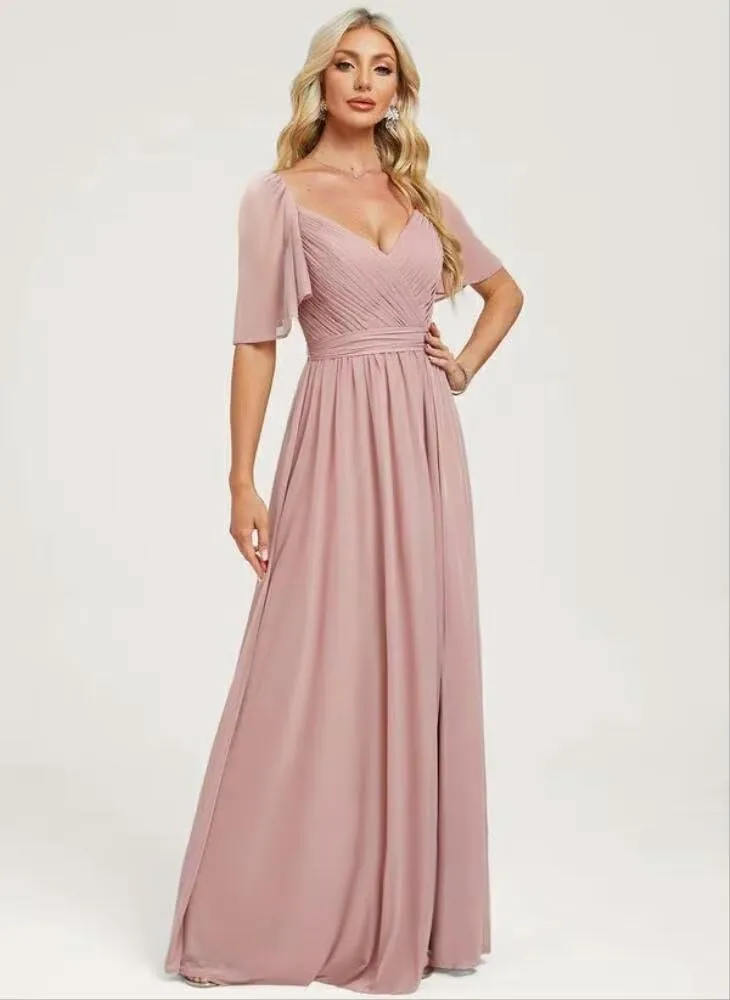 2025 Chiffon Bridesmaid Dresses Ruffle Sleeves A-Line Formal Party Dresses with Slit AD025