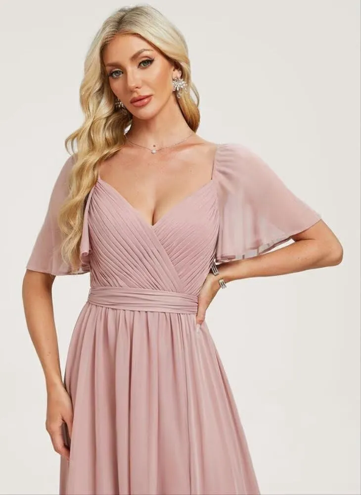 2025 Chiffon Bridesmaid Dresses Ruffle Sleeves A-Line Formal Party Dresses with Slit AD025