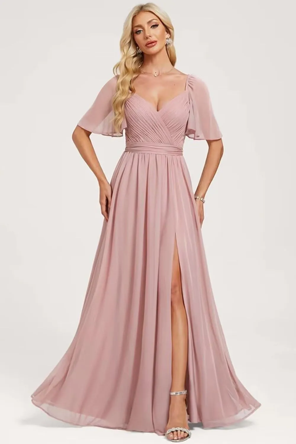 2025 Chiffon Bridesmaid Dresses Ruffle Sleeves A-Line Formal Party Dresses with Slit AD025