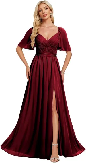 2025 Chiffon Bridesmaid Dresses Ruffle Sleeves A-Line Formal Party Dresses with Slit AD025