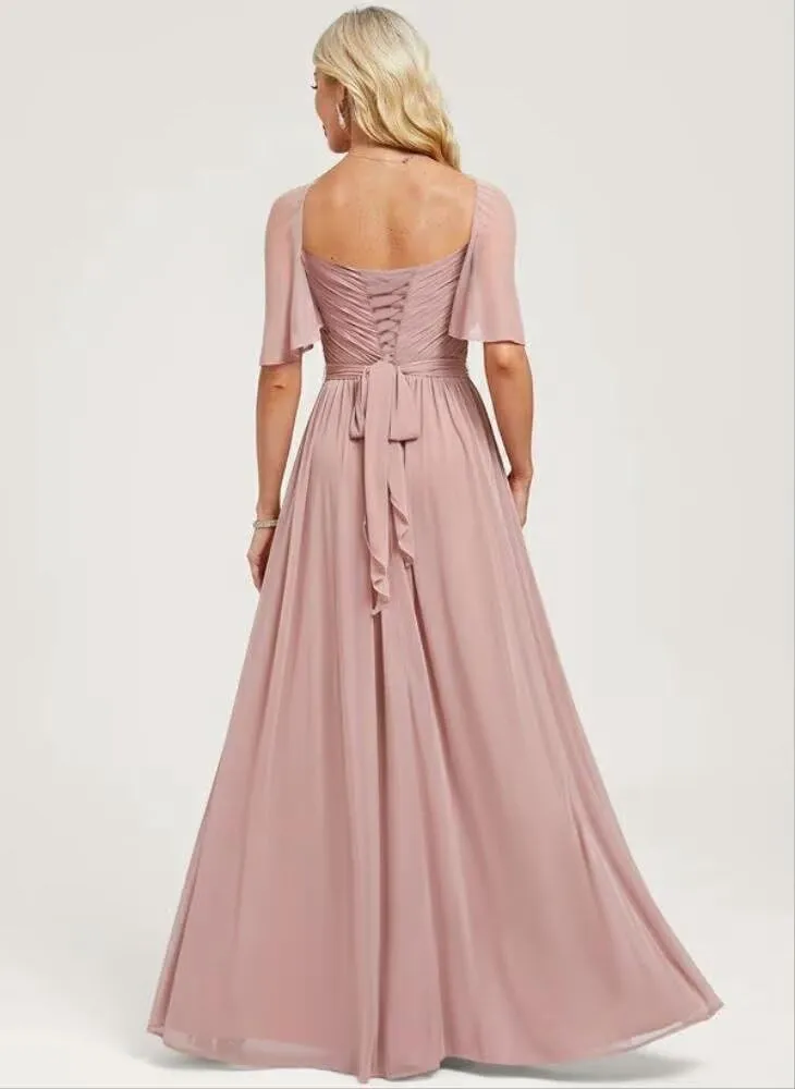 2025 Chiffon Bridesmaid Dresses Ruffle Sleeves A-Line Formal Party Dresses with Slit AD025