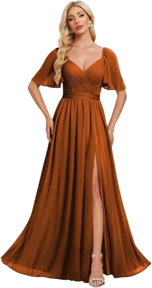 2025 Chiffon Bridesmaid Dresses Ruffle Sleeves A-Line Formal Party Dresses with Slit AD025