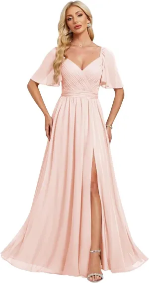 2025 Chiffon Bridesmaid Dresses Ruffle Sleeves A-Line Formal Party Dresses with Slit AD025