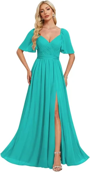 2025 Chiffon Bridesmaid Dresses Ruffle Sleeves A-Line Formal Party Dresses with Slit AD025