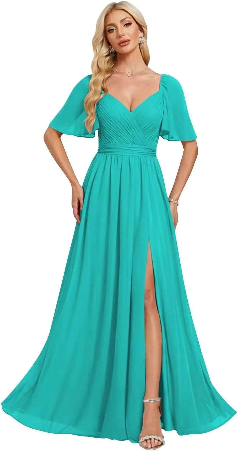 2025 Chiffon Bridesmaid Dresses Ruffle Sleeves A-Line Formal Party Dresses with Slit AD025