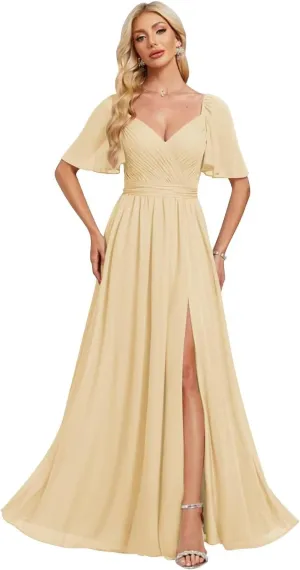 2025 Chiffon Bridesmaid Dresses Ruffle Sleeves A-Line Formal Party Dresses with Slit AD025