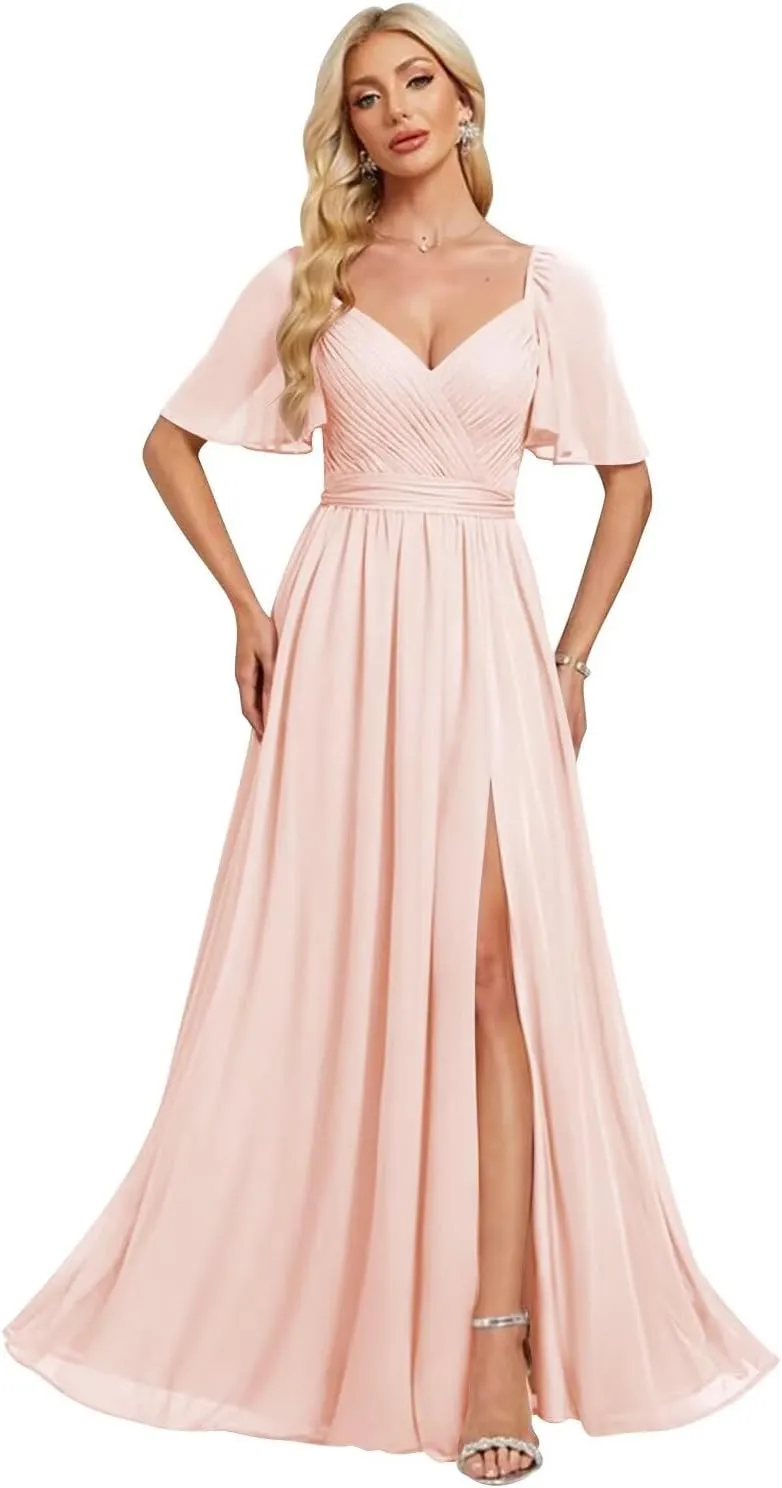 2025 Chiffon Bridesmaid Dresses Ruffle Sleeves A-Line Formal Party Dresses with Slit AD025