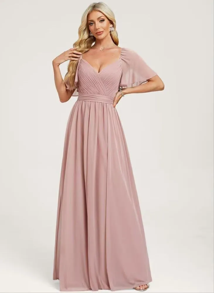2025 Chiffon Bridesmaid Dresses Ruffle Sleeves A-Line Formal Party Dresses with Slit AD025