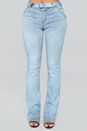 A Game Belted Flare Jeans - Medium Blue Wash