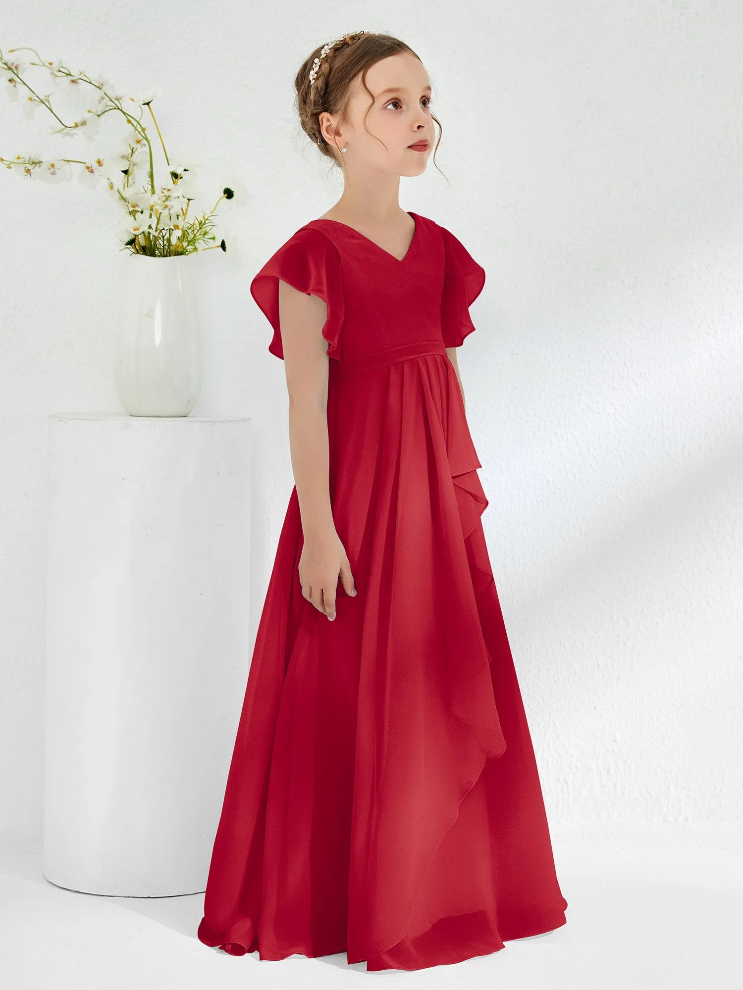 A-line Flutter Sleeves Junior Bridesmaid Dresses Burgundy
