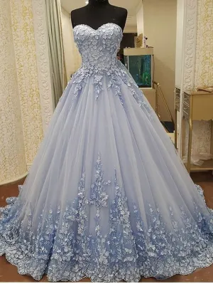 A-line Sweetheart Chapel Train Tulle Appliqued Elegant Prom Dresses 2787