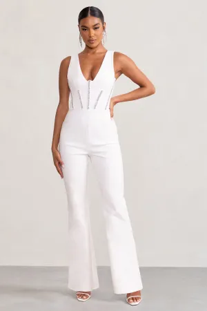 Alison | White Shaped Corset Jumpsuit With Diamante Trim Detail