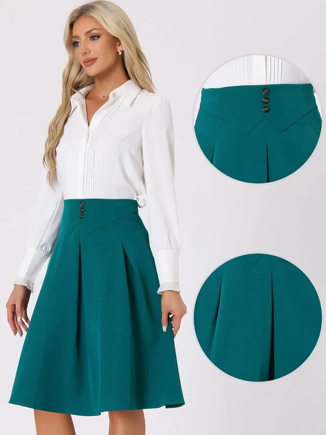 Allegra K Casual Office A-Line Skirt for Women's Button Decor High Waist Midi Flared Pleated Skirts