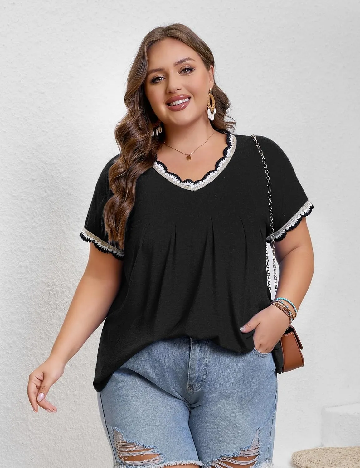 AMCLOS Plus Size Tops for Women T-Shirt With Contrast V-Neck Pleated Short Sleeve Blouses Casual Tunic Summer 2025