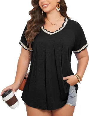 AMCLOS Plus Size Tops for Women T-Shirt With Contrast V-Neck Pleated Short Sleeve Blouses Casual Tunic Summer 2025