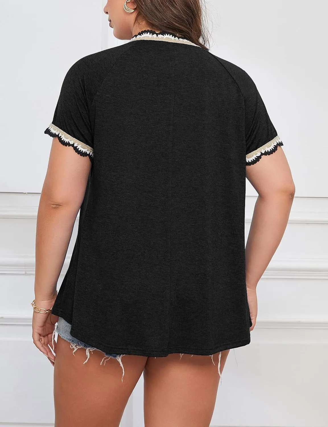 AMCLOS Plus Size Tops for Women T-Shirt With Contrast V-Neck Pleated Short Sleeve Blouses Casual Tunic Summer 2025