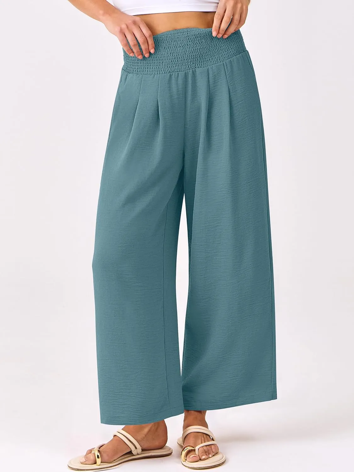 ANRABESS Womens Cropped Pants Wide Leg High Waisted Palazzo Pants Summer Flowy Beach Lounge Casual Trousers with Pockets