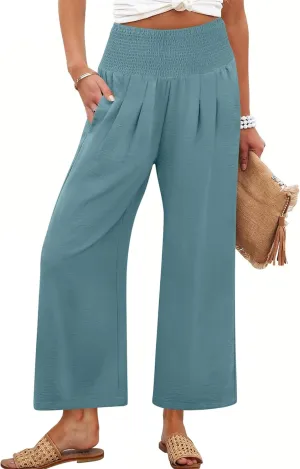 ANRABESS Womens Cropped Pants Wide Leg High Waisted Palazzo Pants Summer Flowy Beach Lounge Casual Trousers with Pockets