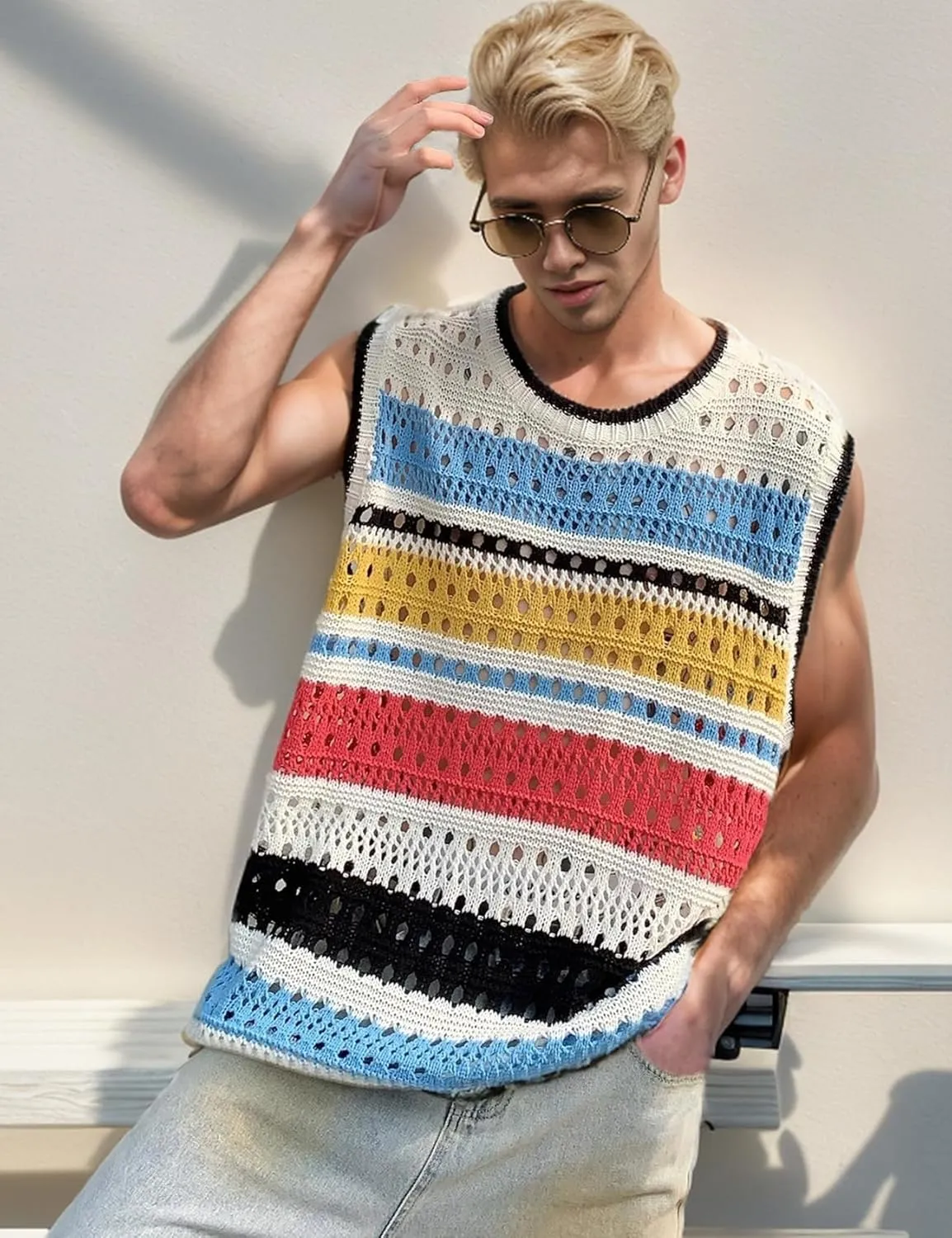 Arssm Mens Crochet Sweater Vest Color Block Knit Vest Sleeveless Crewneck Blouses Tops Hollow Out Tank Top