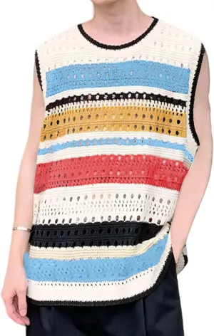 Arssm Mens Crochet Sweater Vest Color Block Knit Vest Sleeveless Crewneck Blouses Tops Hollow Out Tank Top