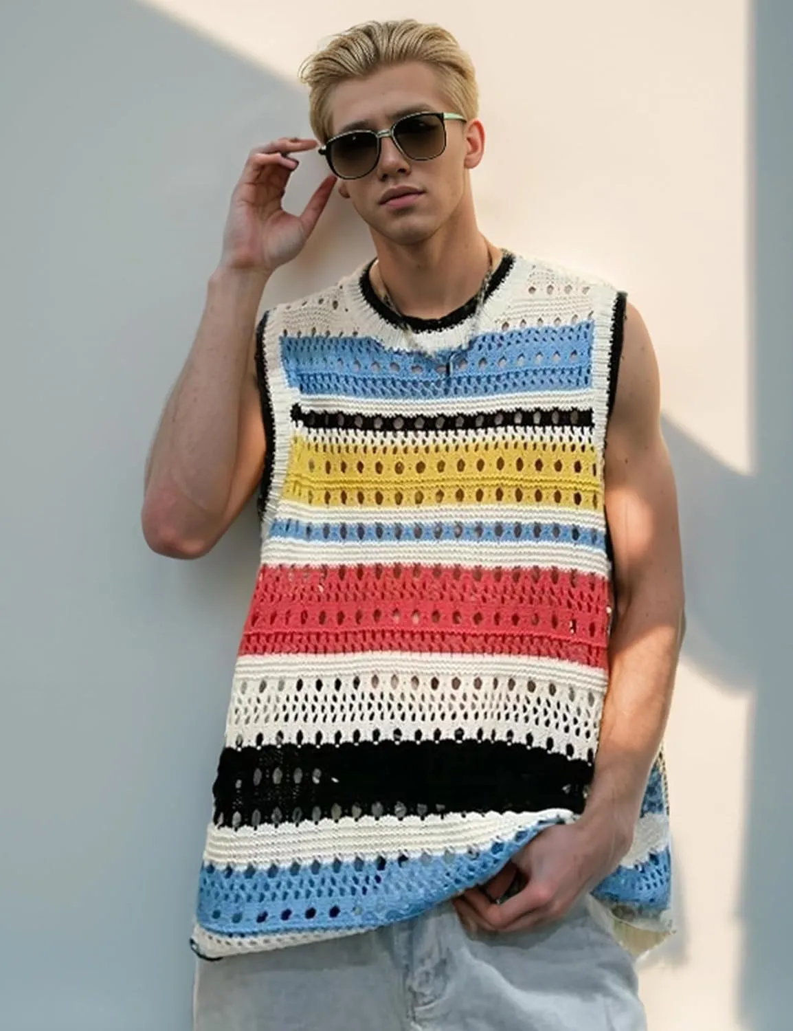 Arssm Mens Crochet Sweater Vest Color Block Knit Vest Sleeveless Crewneck Blouses Tops Hollow Out Tank Top