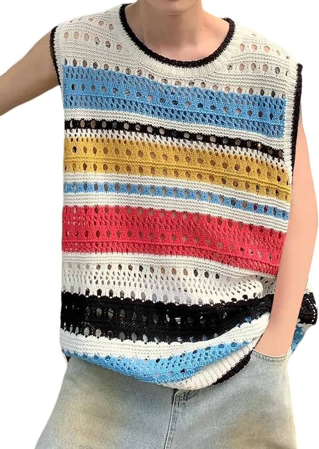 Arssm Mens Crochet Sweater Vest Color Block Knit Vest Sleeveless Crewneck Blouses Tops Hollow Out Tank Top