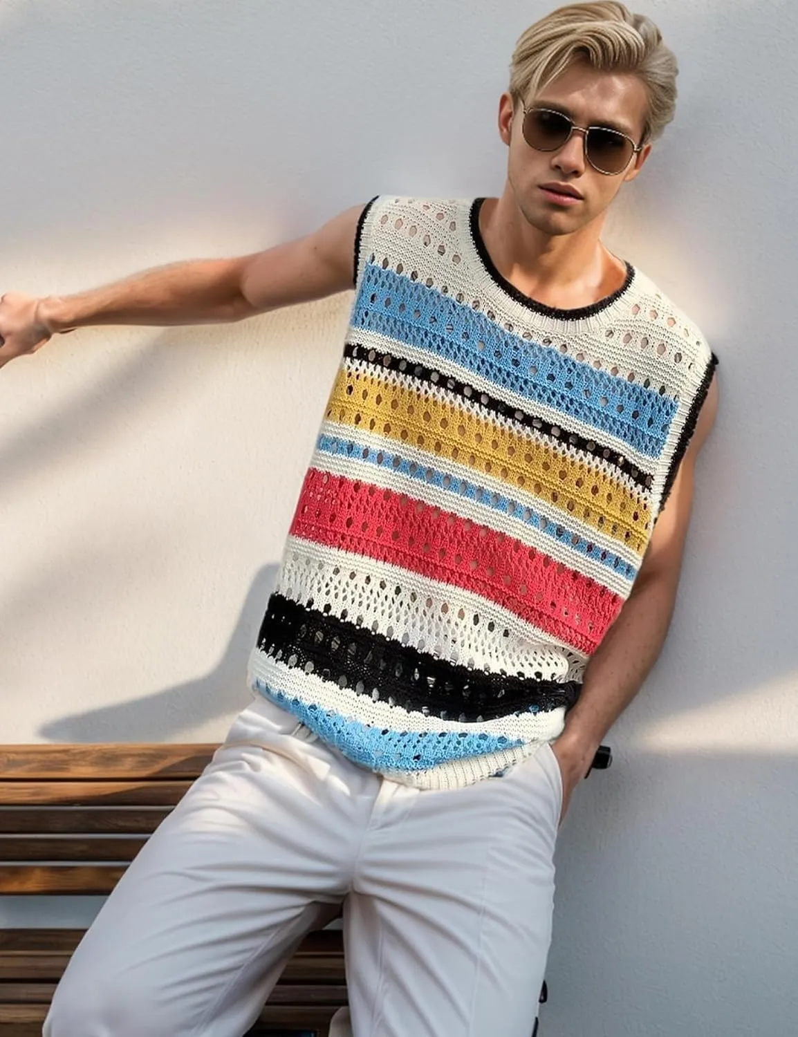 Arssm Mens Crochet Sweater Vest Color Block Knit Vest Sleeveless Crewneck Blouses Tops Hollow Out Tank Top