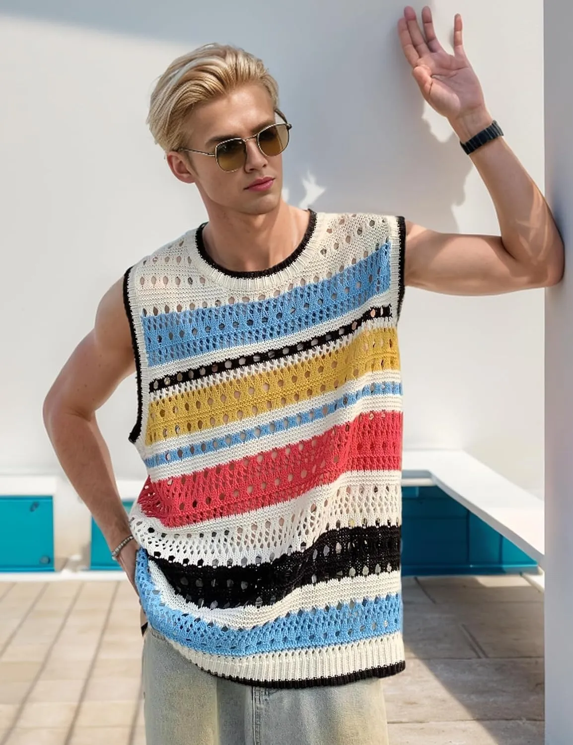 Arssm Mens Crochet Sweater Vest Color Block Knit Vest Sleeveless Crewneck Blouses Tops Hollow Out Tank Top