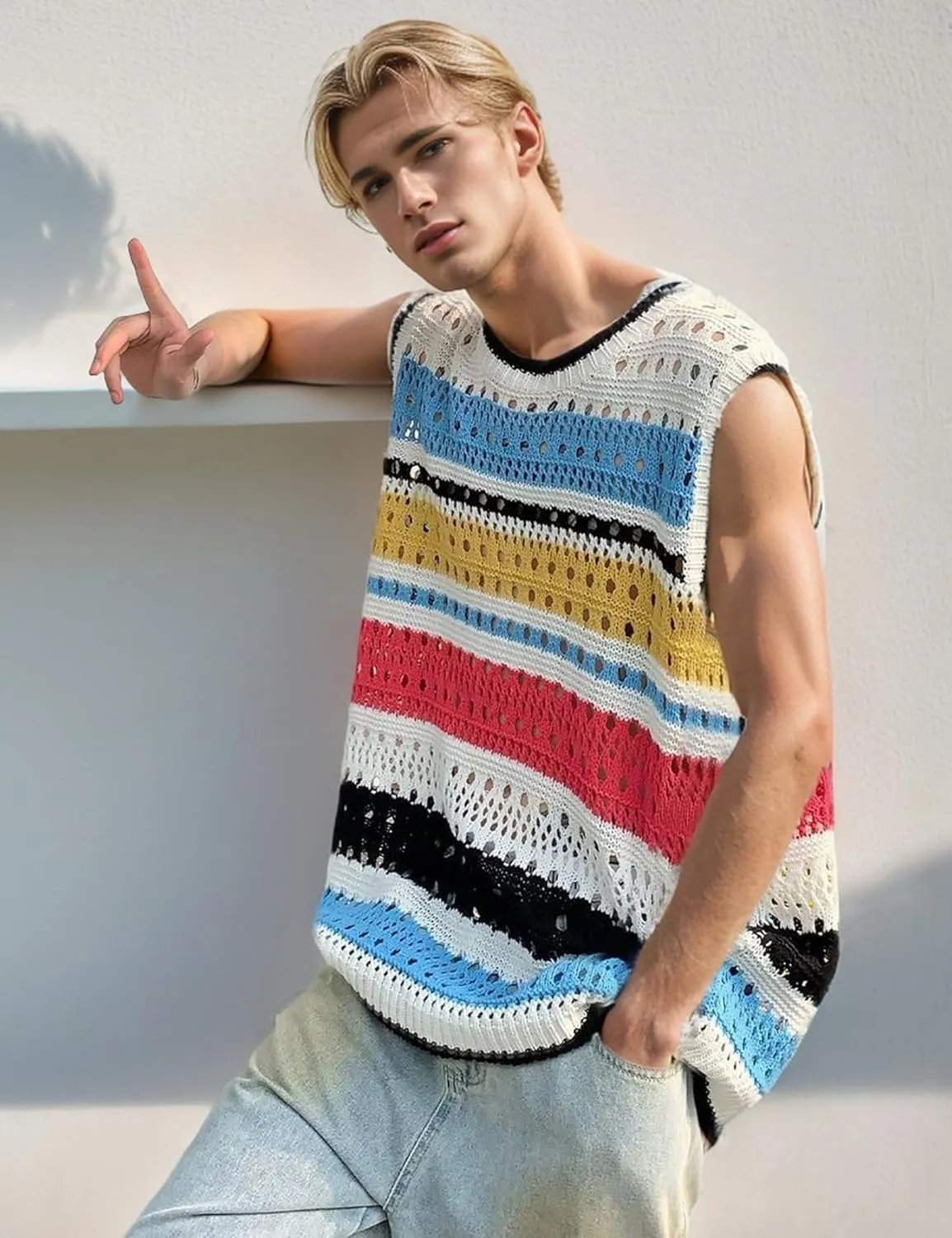 Arssm Mens Crochet Sweater Vest Color Block Knit Vest Sleeveless Crewneck Blouses Tops Hollow Out Tank Top
