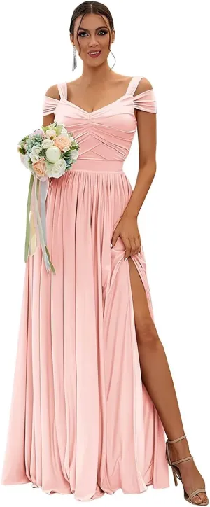 Bestluckw Off The Shoulder Bridesmaid Dresses Long with Slit Pleated Chiffon Formal Party Dress