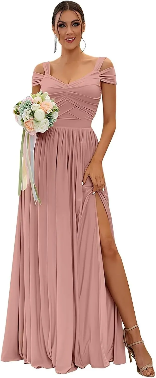 Bestluckw Off The Shoulder Bridesmaid Dresses Long with Slit Pleated Chiffon Formal Party Dress