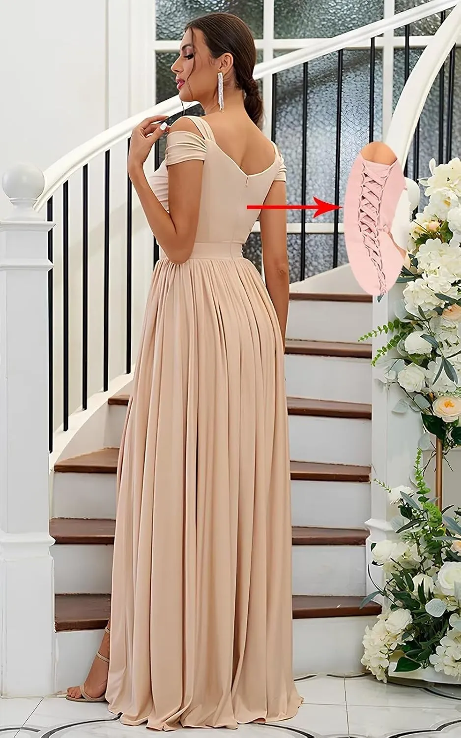 Bestluckw Off The Shoulder Bridesmaid Dresses Long with Slit Pleated Chiffon Formal Party Dress