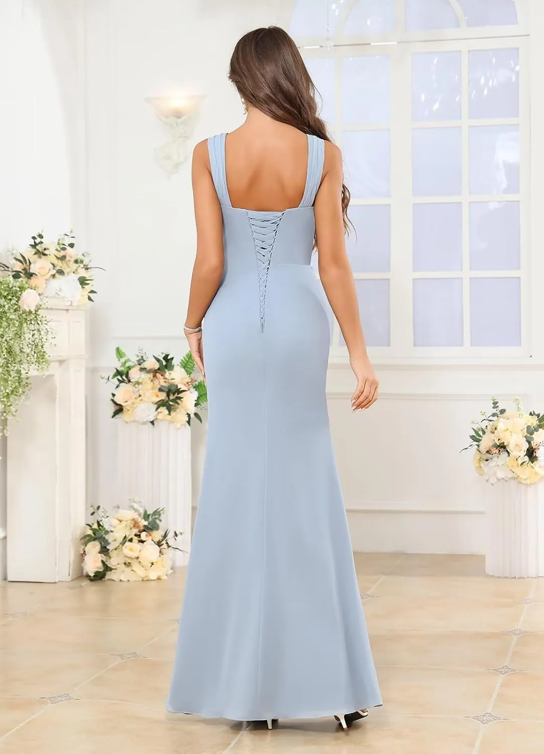 Bridesmaid Dresses for Women Mermaid Long Square Neck Pleated Chiffon Formal Dress Prom Gown with Slit