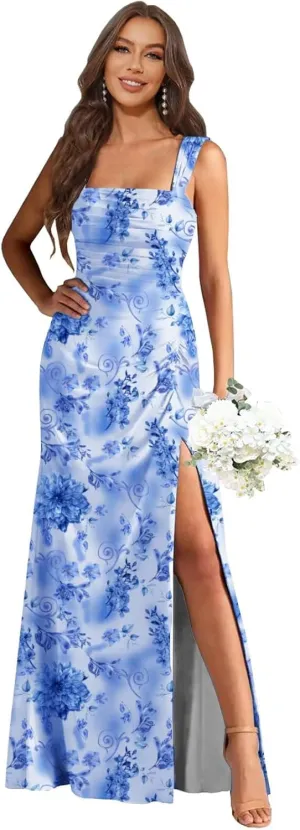 Bridesmaid Dresses for Women Mermaid Long Square Neck Pleated Chiffon Formal Dress Prom Gown with Slit