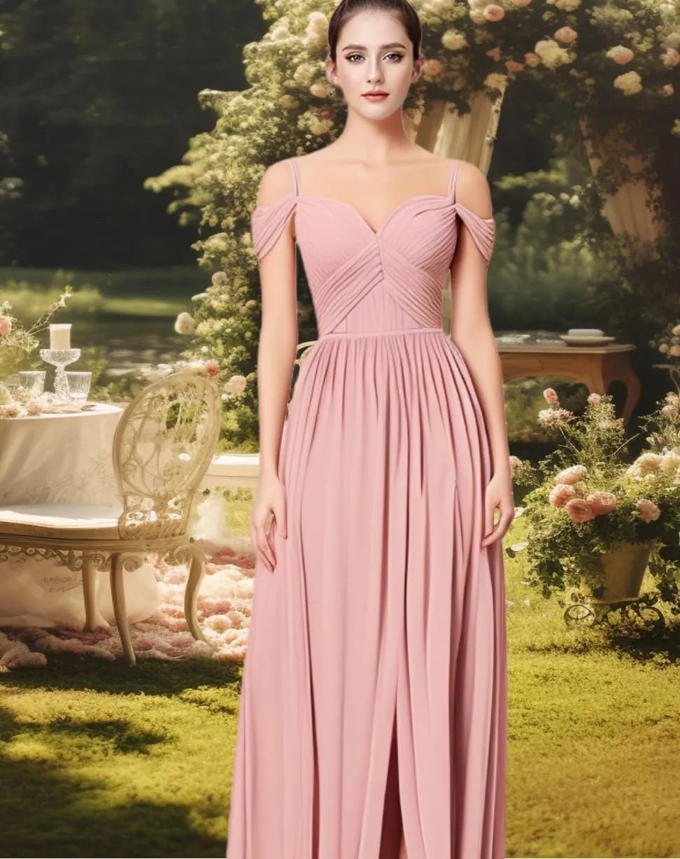 Bridesmaid Dresses Off-Shoulder Chiffon Pleated with Slit Formal Evening Gown for Womens