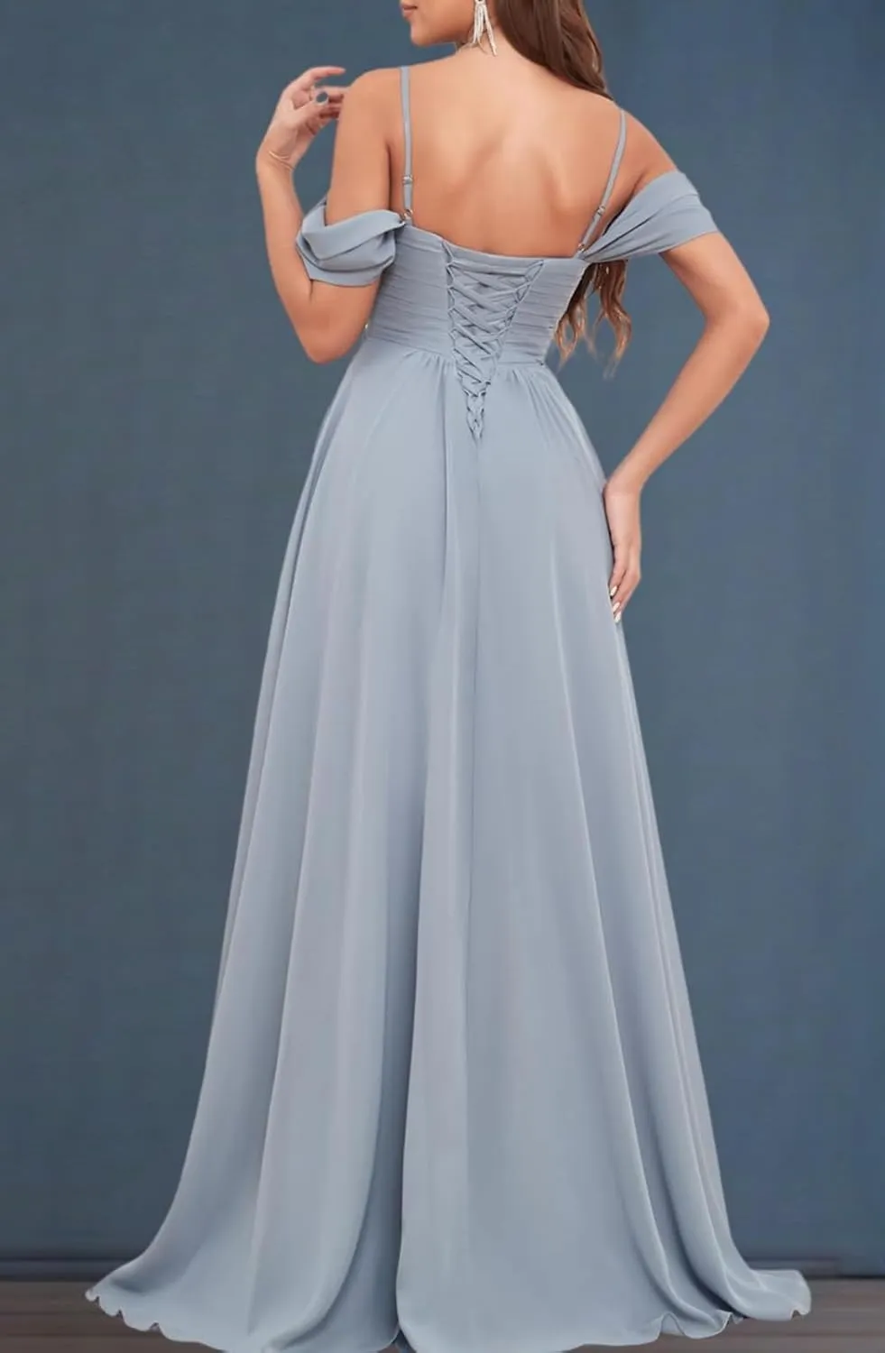 Bridesmaid Dresses Off-Shoulder Chiffon Pleated with Slit Formal Evening Gown for Womens