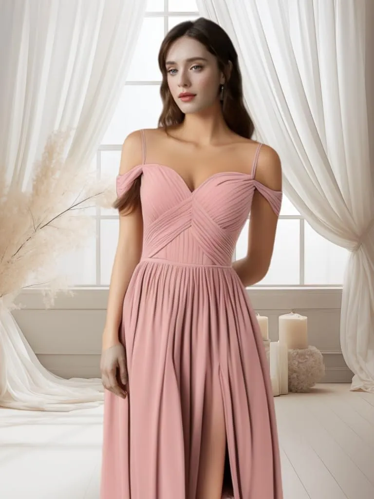 Bridesmaid Dresses Off-Shoulder Chiffon Pleated with Slit Formal Evening Gown for Womens