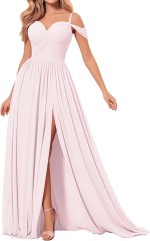 Bridesmaid Dresses Off-Shoulder Chiffon Pleated with Slit Formal Evening Gown for Womens