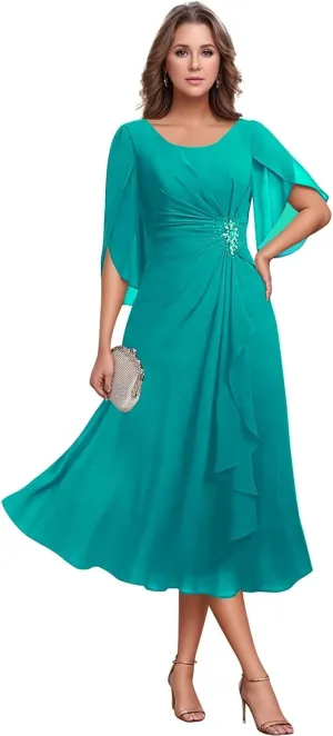 Chiffon Mother of The Bride Dresses Flutter Sleeves Bedded Formal Evening Party Gown