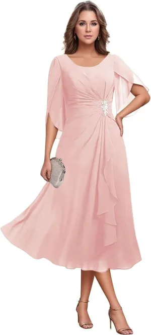 Chiffon Mother of The Bride Dresses Flutter Sleeves Bedded Formal Evening Party Gown