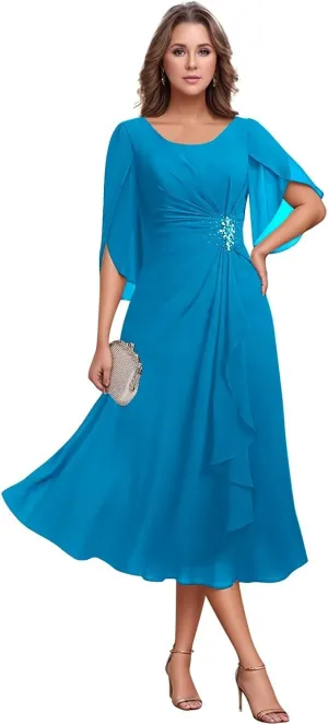 Chiffon Mother of The Bride Dresses Flutter Sleeves Bedded Formal Evening Party Gown