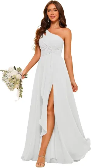Chiffon One Shoulder Bridesmaid Dress with Pleated Bodice Long A Line Formal Dresses for Women AD004