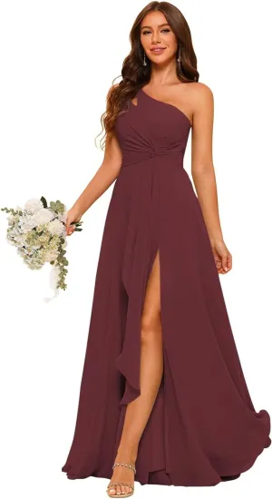 Chiffon One Shoulder Bridesmaid Dress with Pleated Bodice Long A Line Formal Dresses for Women AD004