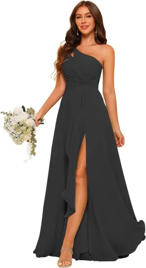 Chiffon One Shoulder Bridesmaid Dress with Pleated Bodice Long A Line Formal Dresses for Women AD004