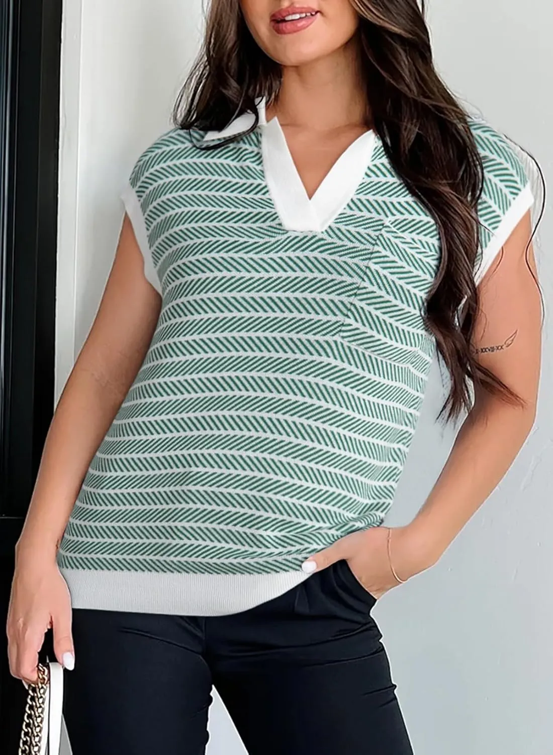 Dokotoo Women's Summer Short Cap Sleeve Sweaters Tops Casual Striped Color Block V Neck Polo Knit Shirts Blouses