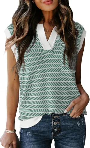 Dokotoo Women's Summer Short Cap Sleeve Sweaters Tops Casual Striped Color Block V Neck Polo Knit Shirts Blouses