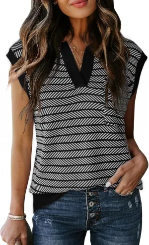 Dokotoo Women's Summer Short Cap Sleeve Sweaters Tops Casual Striped Color Block V Neck Polo Knit Shirts Blouses