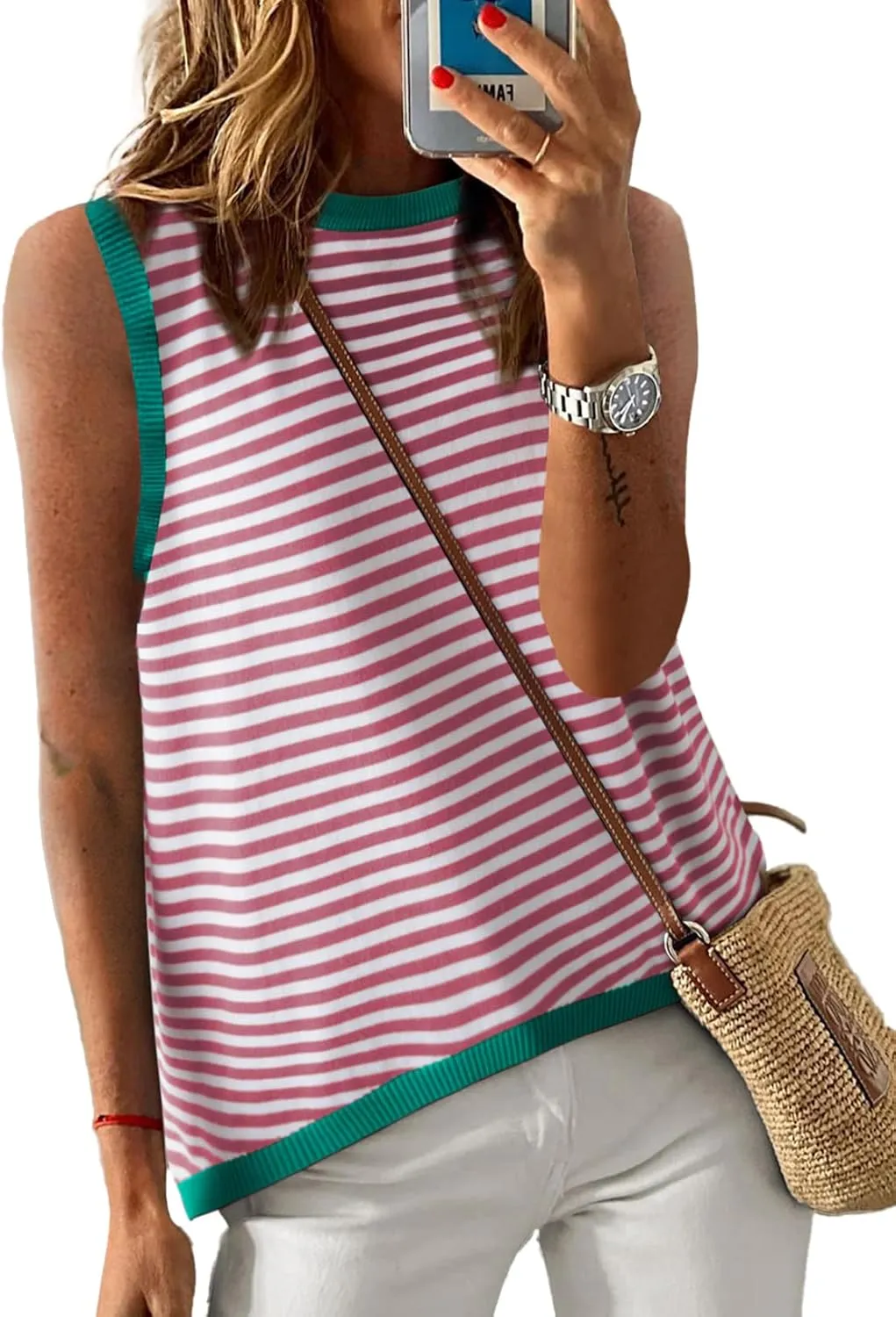 Dokotoo Womens Summer Tops 2025 Casual Striped Color Block High Neck Tank Top Loose Knit High Low Sleeveless Shirts Blouses