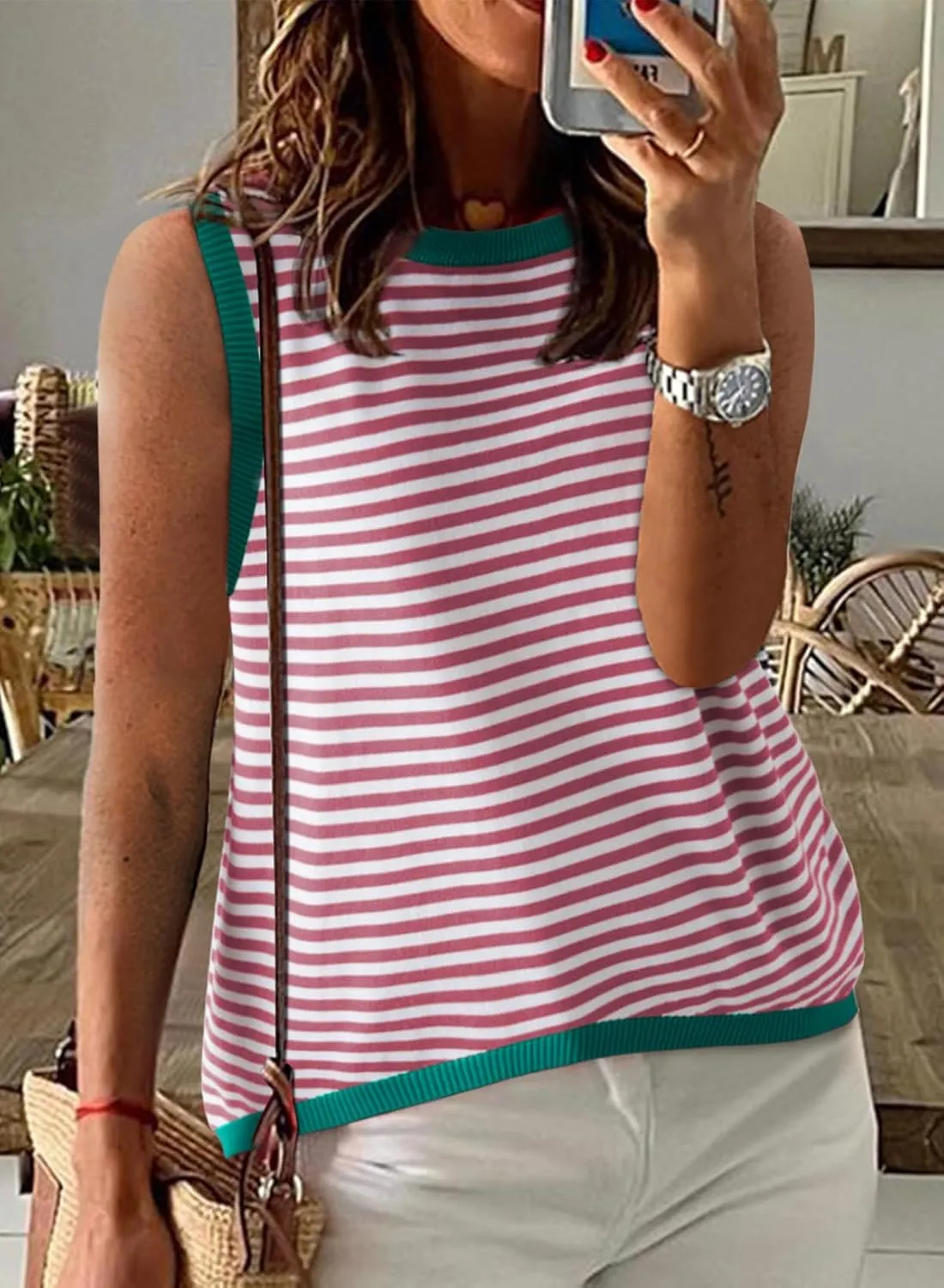 Dokotoo Womens Summer Tops 2025 Casual Striped Color Block High Neck Tank Top Loose Knit High Low Sleeveless Shirts Blouses