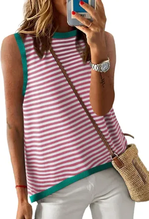 Dokotoo Womens Summer Tops 2025 Casual Striped Color Block High Neck Tank Top Loose Knit High Low Sleeveless Shirts Blouses